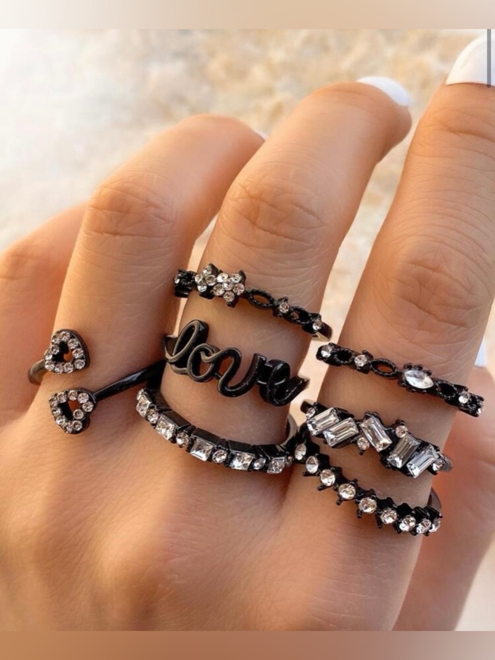 7pc Black Rhinestone Ring Set